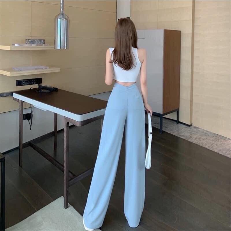 Quần ống rộng nữ suông dài cách điệu eo