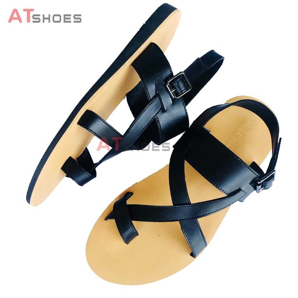 Dép Sandal Unisex cc Da Bò Thật Sandal xỏ ngón nam nữ chuẩn kiểu HQ Trẻ Trung - XDxn203(Đen- đế vàng)