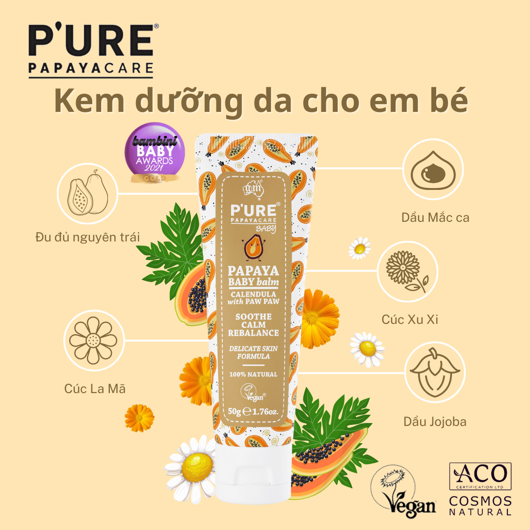 Kem dưỡng cho bé P’URE Papayacare Baby Balm 50gr