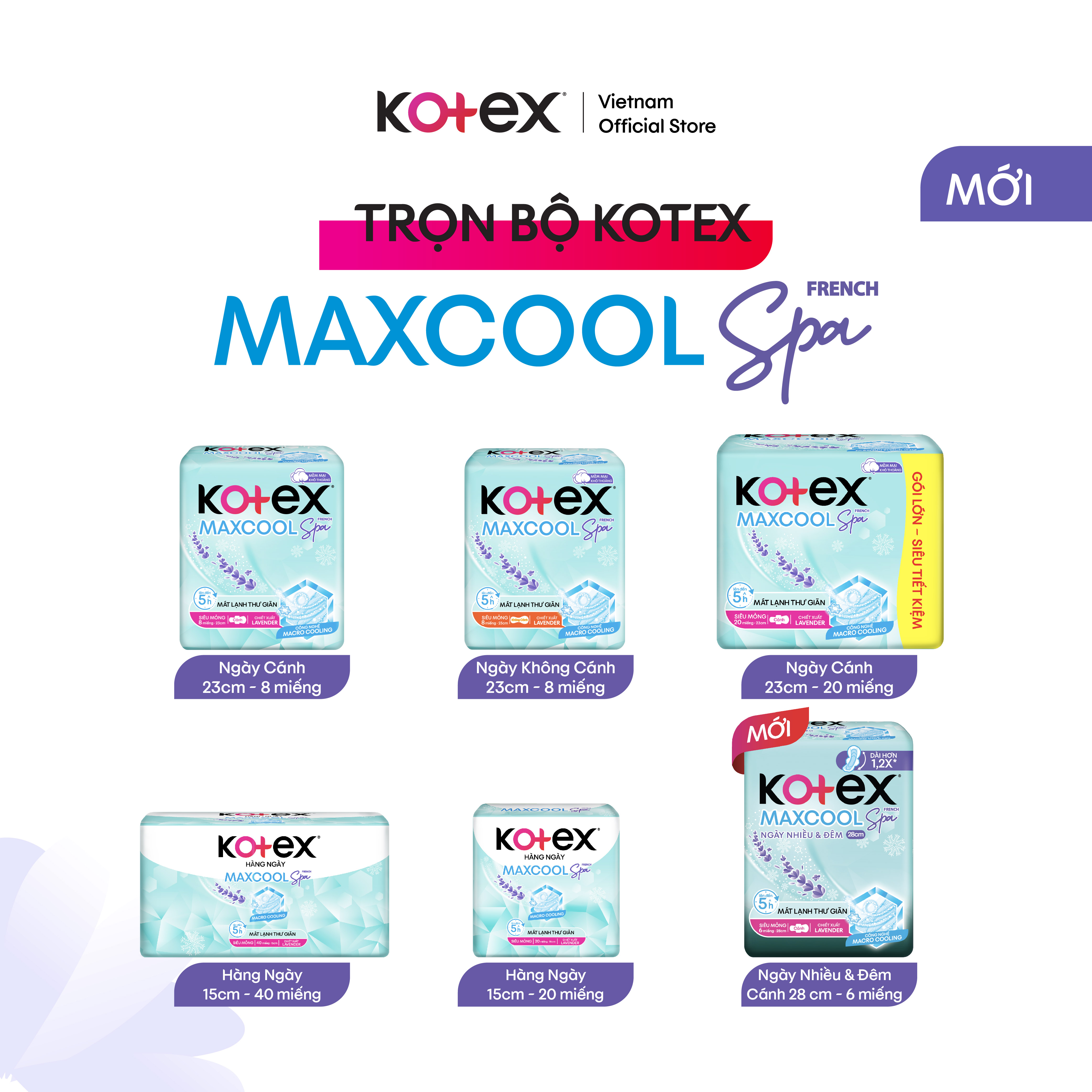 Combo 8 gói băng vệ sinh Kotex Maxcool French Spa siêu mỏng cánh 23cm (8M/gói)