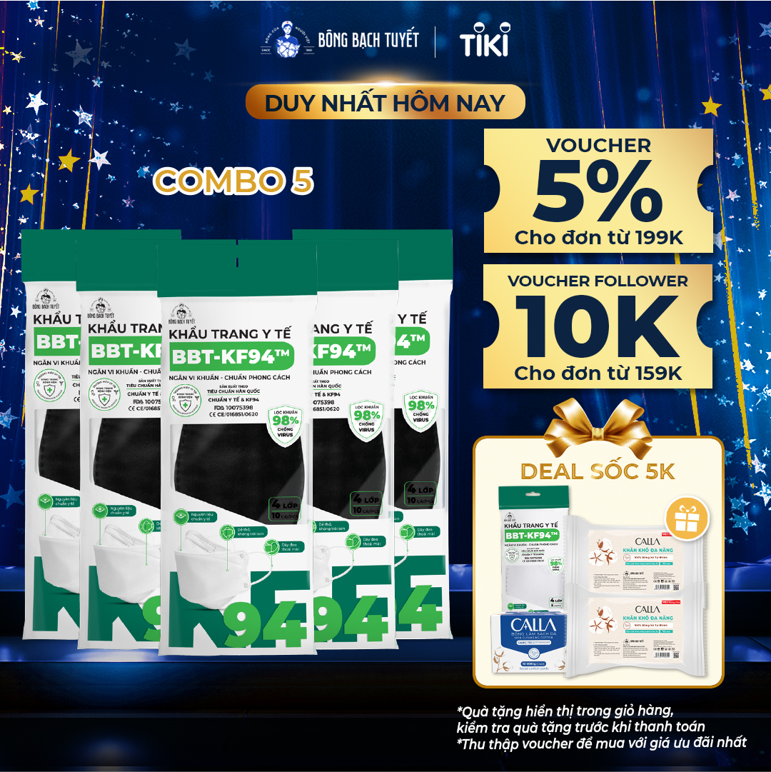 Combo 5 Gói Khẩu trang Bông Bạch Tuyết KF94 4 lớp - Đen