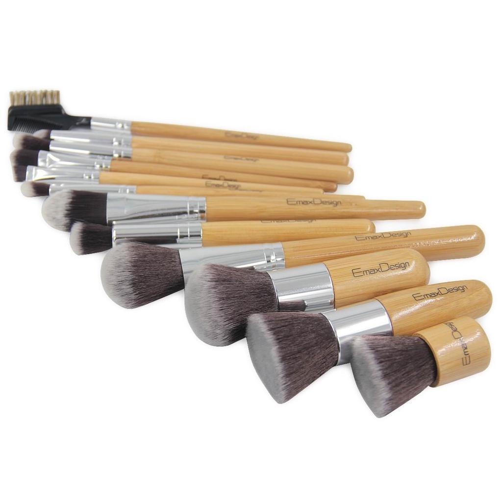 TÚI 12 CỌ TRANG ĐIỂM CHUYÊN NGHIỆP - SỢI KABUKI - CÁN TRE EmaxDesign 12 Pieces Makeup Brush Set Professional