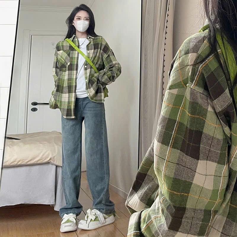 Áo sơ mi nam nữ form rộng 2N Unisex somi khoác ngoài sọc xanh lá số 27
