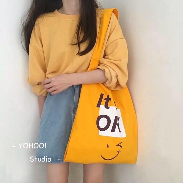 Túi tote It’s ok chất vải dày dặn hai ngăn thời trang - Tặng dây buộc tóc hoa quả