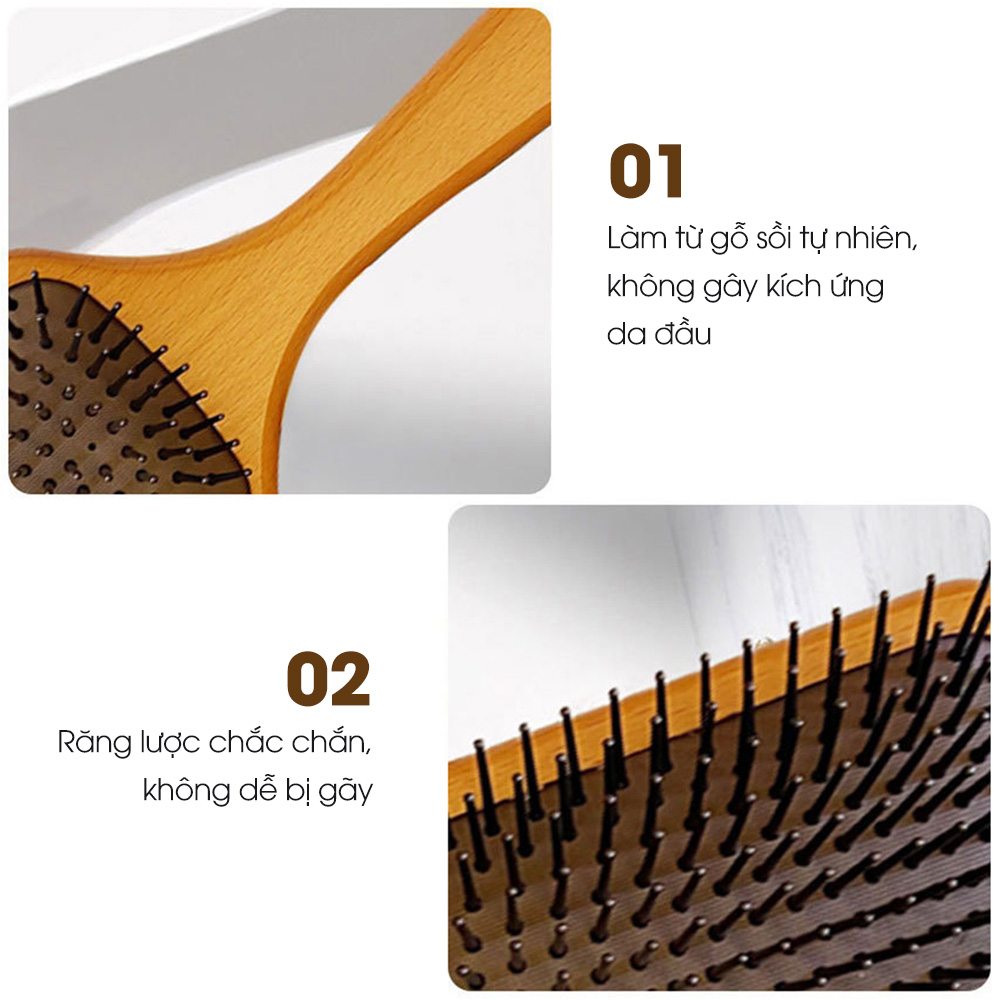 Lược chải tóc, lược gỡ rối CWELL chất liệu gỗ sồi cao cấp, lược massage đầu có đệm khí thư giãn, đủ size C03PK