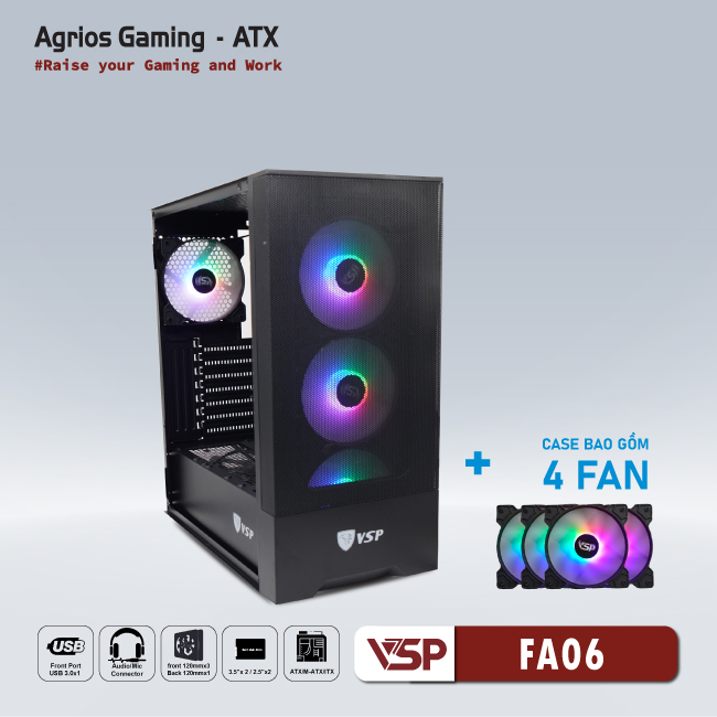 Vỏ máy tính Case VSP FA06 [ĐEN] sẵn 4 Fan LED ARGB Gaming Kính cường lực (ATX, mATX, ITX) - Hàng chính hãng Tech Vision phân phối
