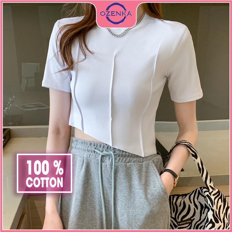 Áo croptop ngắn tay cổ tròn vạt lệch, áo crt nữ ôm body đẹp thun gân 100% cotton màu đen trắng dưới 50 cân