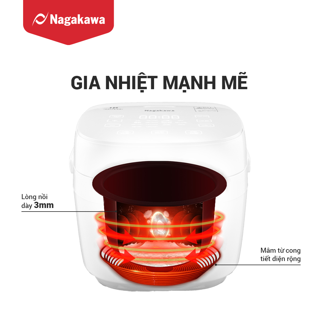 Nồi cơm điện cao tần Nagakawa NAG0140 (1.2L) - 12 chế độ nấu - Giảm tinh bột - Hàng chính hãng