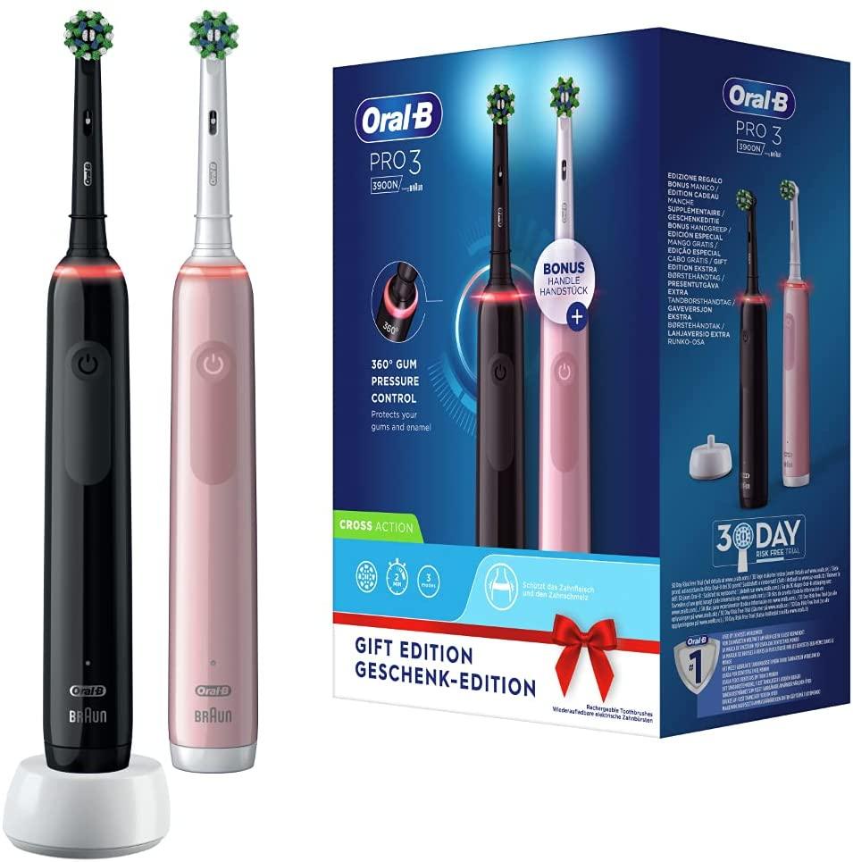 Set 2 Bàn Chải Đánh Răng Chạy Điện Oral-B Pro 3 3900 CrossAction, Oral B Electric Toothbrush, Công Nghệ 3D Làm Sạch Sâu, Nhập Đức, Hàng Chính Hãng