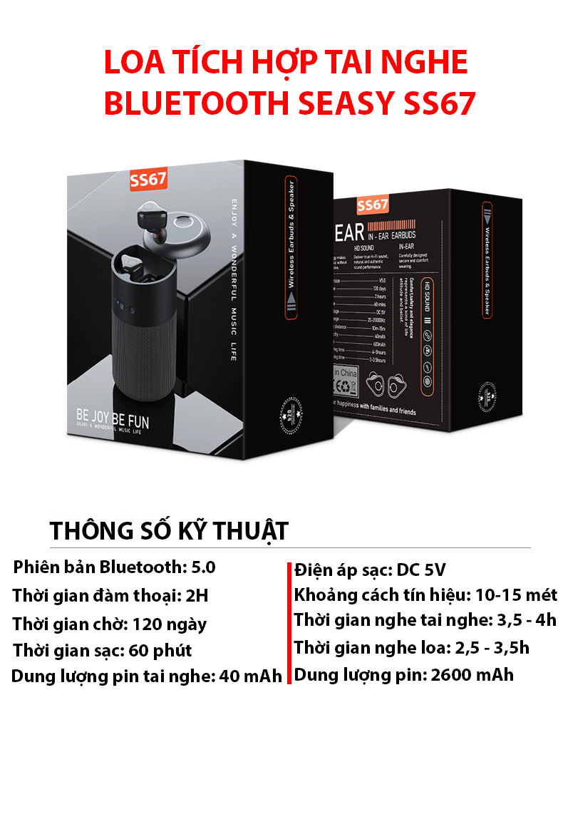 Loa Tích Hợp Tai Nghe Bluetooth Không Dây 2 IN 1 SeaSy SS67 Phiên Bản 2022 {CỰC CHẤT} – TẶNG KÈM BỘ PHỤ KIỆN 139K, Loa Kèm Tai Nghe Nhét Tai Thể Thao Chống Nước IPX6, Âm Thanh Vòm, Bluetooth 5.0 Hỗ Trợ Đàm Thoại - Hàng Chính Hãng