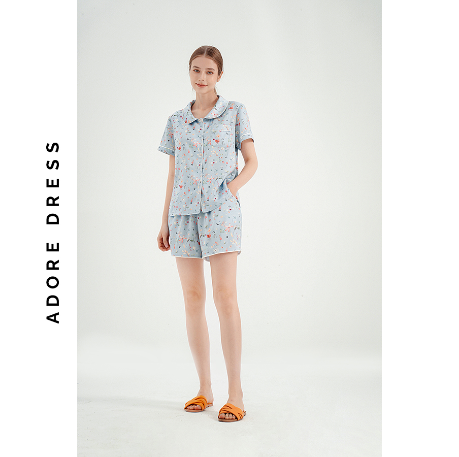 Pijamas tay cộc quần short lụa blue in hoa 311HO2001 ADORE DRESS