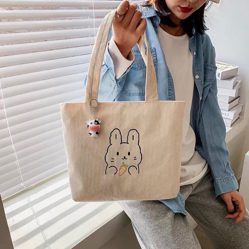 M376 Túi tote len gân chất liệu nhung gân + tặng kèm con bò sữa