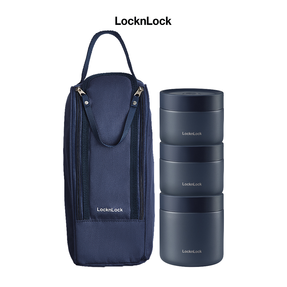 Bộ hộp cơm giữ nhiệt LocknLock Lunch Box LHC8052S01 3 hộp giữ nhiệt kèm túi, muỗng đũa màu xanh  - Hapos