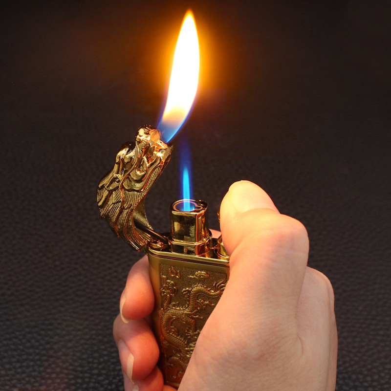 Vỏ Hột Quẹt Bật Lửa Gas 2 Chế Độ Lửa HB-784 Khắc Họa Tiết Rồng Nổi May Mắn - Nhiều Màu