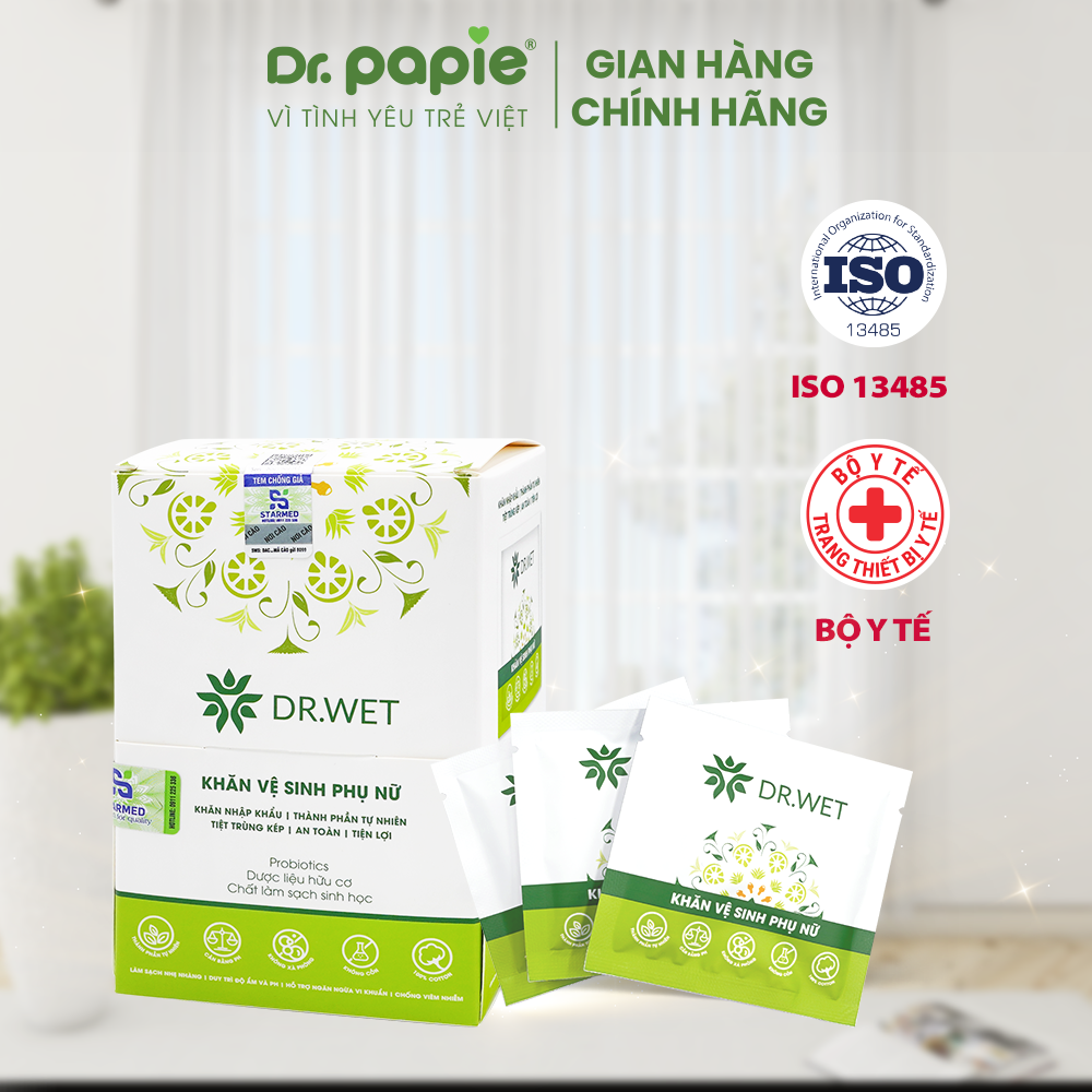 KHĂN Y TẾ Vệ Sinh Phụ Nữ DR.WET Giúp Làm Sạch, Khử Mùi Siêu Tiện Lợi - 25 gói/ Hộp