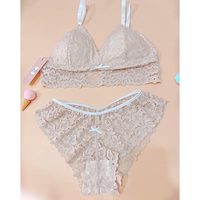 Set bra hoa nude viền chân ren