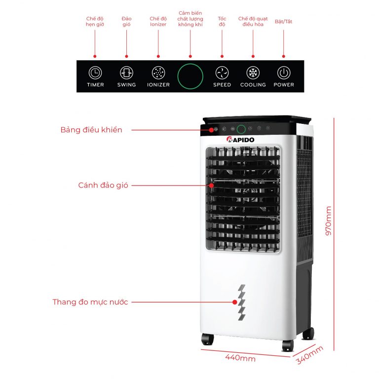 Quạt hơi nước, điều hòa kết hợp làm sạch không khí Rapido Everest 6000D (Cảm biến chất lượng không khí, Điều khiển cảm ứng + remote) - Hàng Chính Hãng