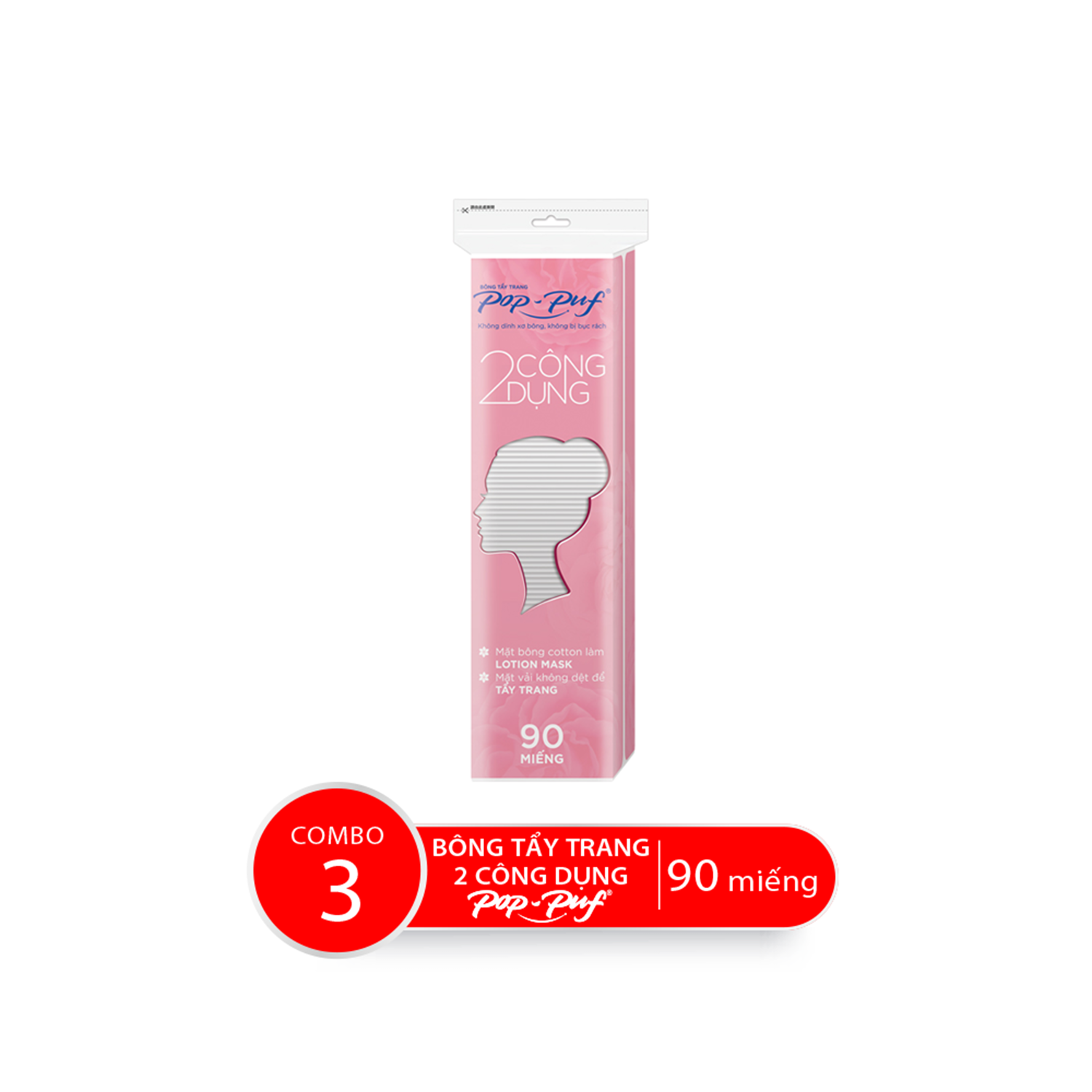 Combo Bông Tẩy Trang POP-PUF 2 Công Dụng Bao Zipper, 90 Miếng/Bao