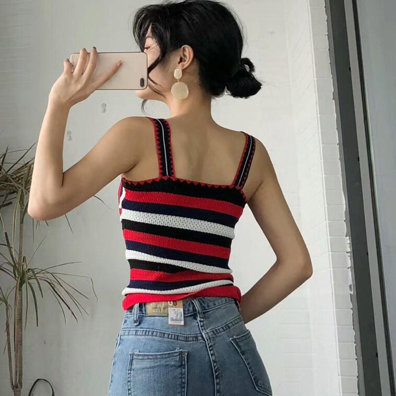 Áo dệt kim cộc tay cổ chữ V họa tiết kẻ sọc thời trang nữ