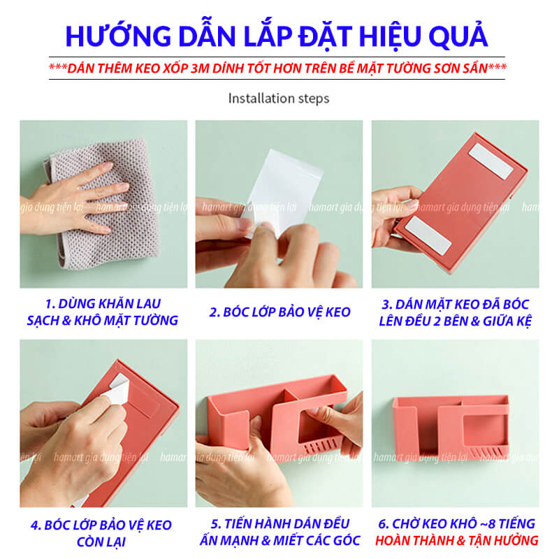 Kệ Để Điện Thoại Đỡ Remote Điều Khiển Dán Tường 2 Ngăn Đựng Bút Kính Đầu Giường Keo 3M Siêu Dính