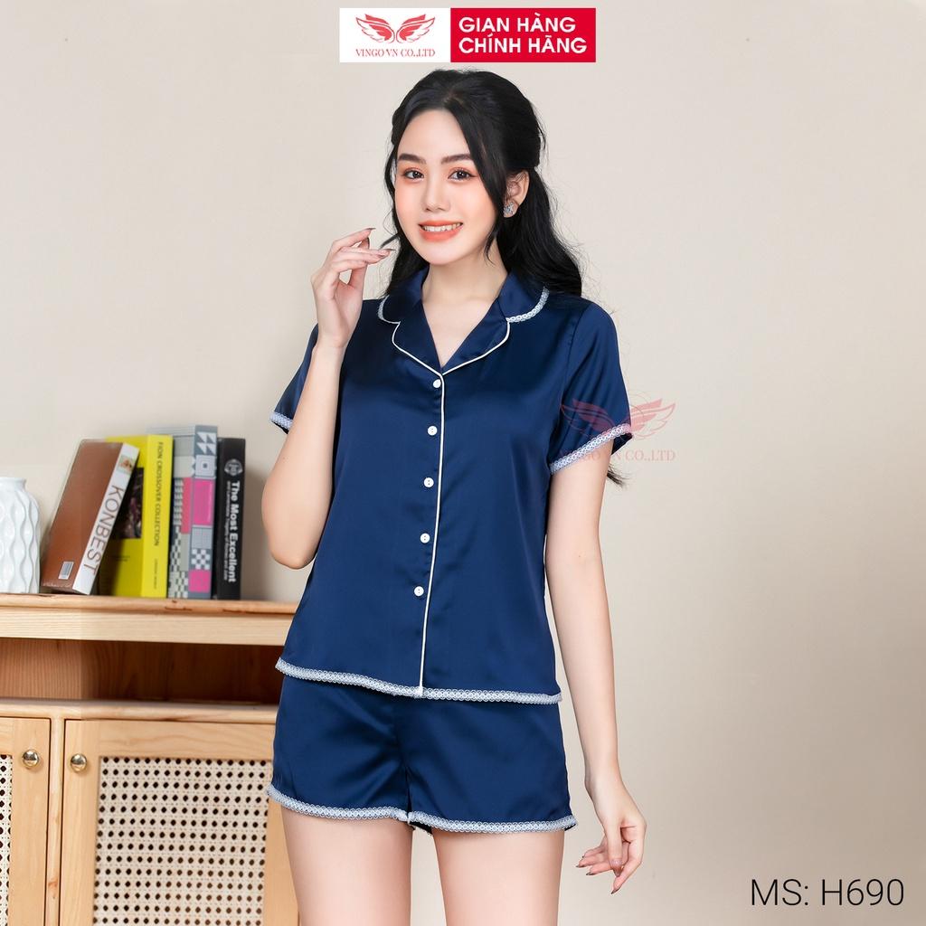 Đồ bộ nữ Pijama nữ lụa Pháp mềm mát cho mùa hè VINGO tay cộc quần cộc phối viền ren trắng tinh tế nhiều màu H690 VNGO