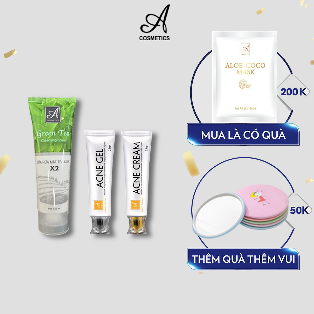 Bộ sản phẩm ngừa mụn Acosmetics: Kem Ngừa và Giảm Mụn + Sữa rửa mặt trà xanh X2