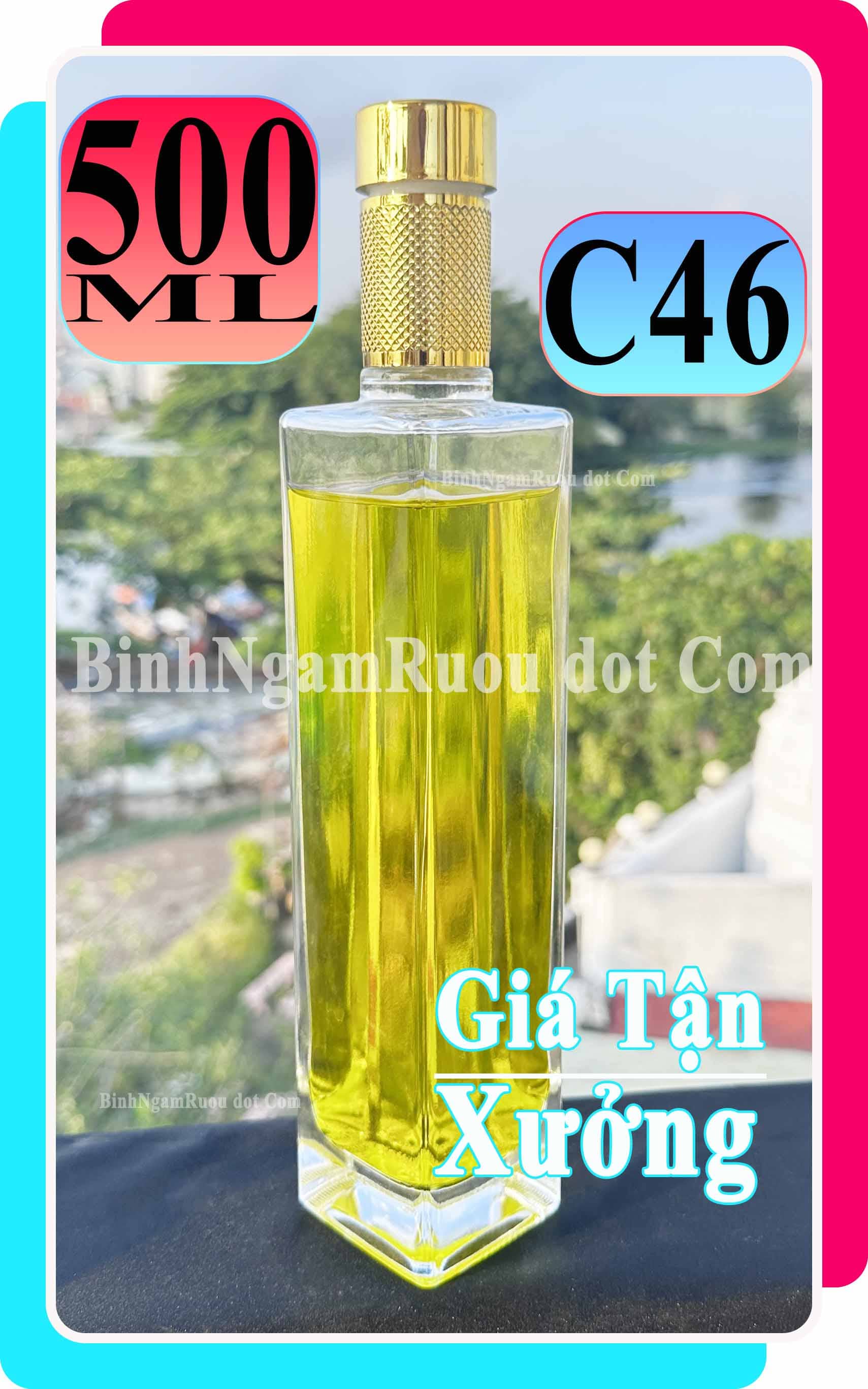 C46 Chai Đựng Rượu Thủy Tinh Vuông Cao Nắp Vàng Sang Trọng - Cao Cấp 500ml - Đẹp Cao Cấp - Nắp Kín Thủy Tinh Trong - Tặng Biếu Sang Trọng