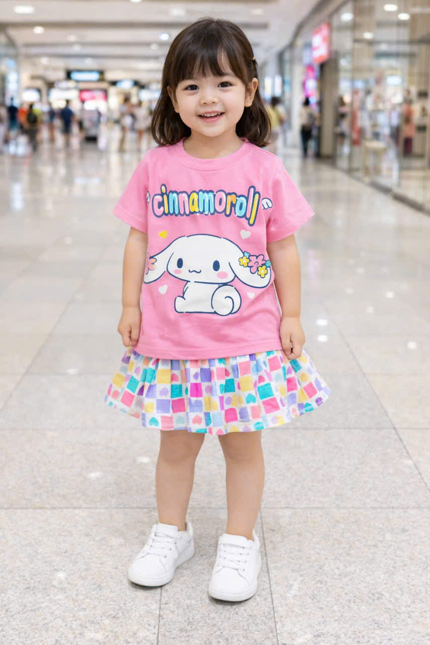 Đồ bộ bé gái, Bộ quần giả váy cho bé gái labubu gấu dâu capybara kuromi từ 10-38kg chất cotton hàng xuất mềm mịn mát