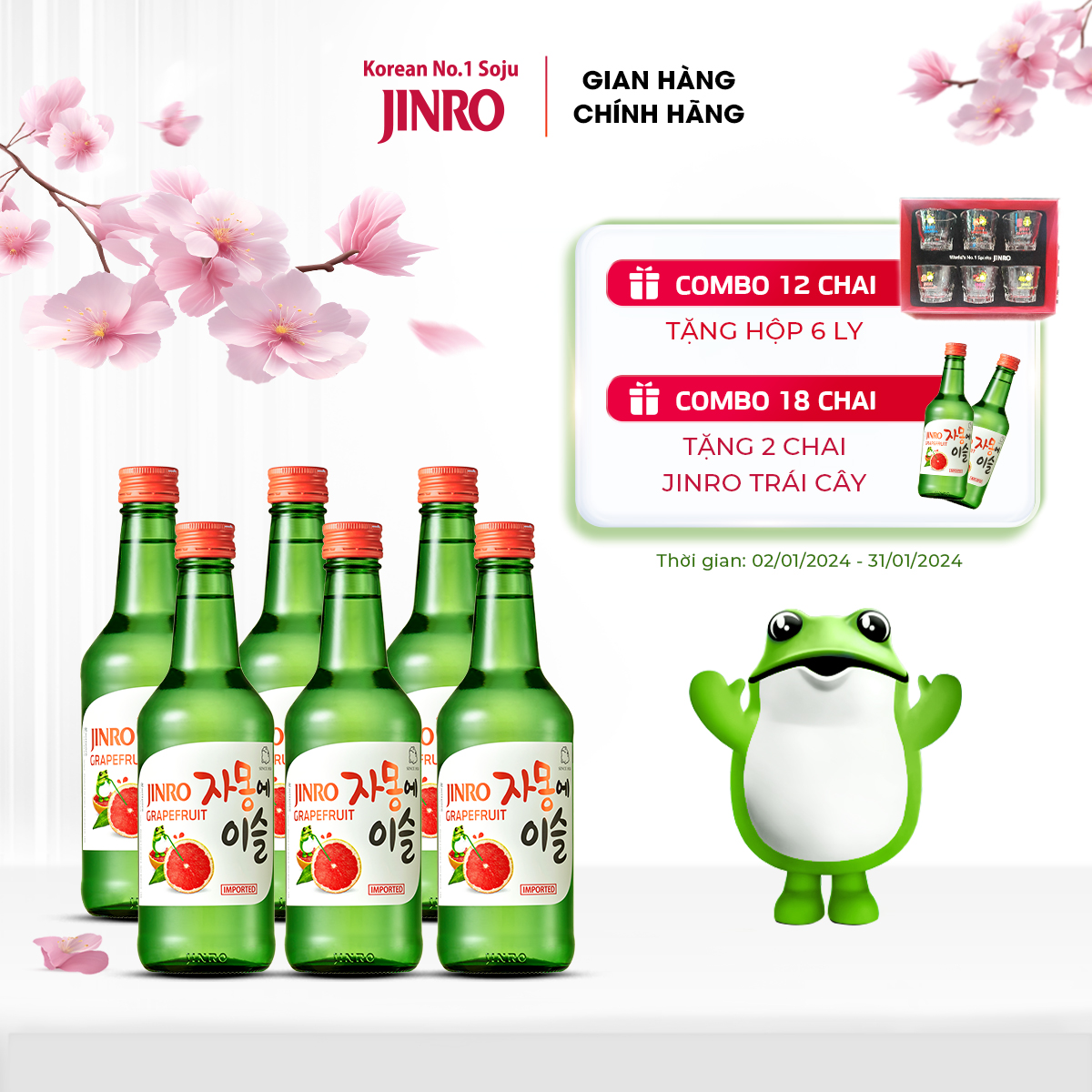 Soju Hàn Quốc JINRO VỊ BƯỞI 360ml - Combo 6 chai