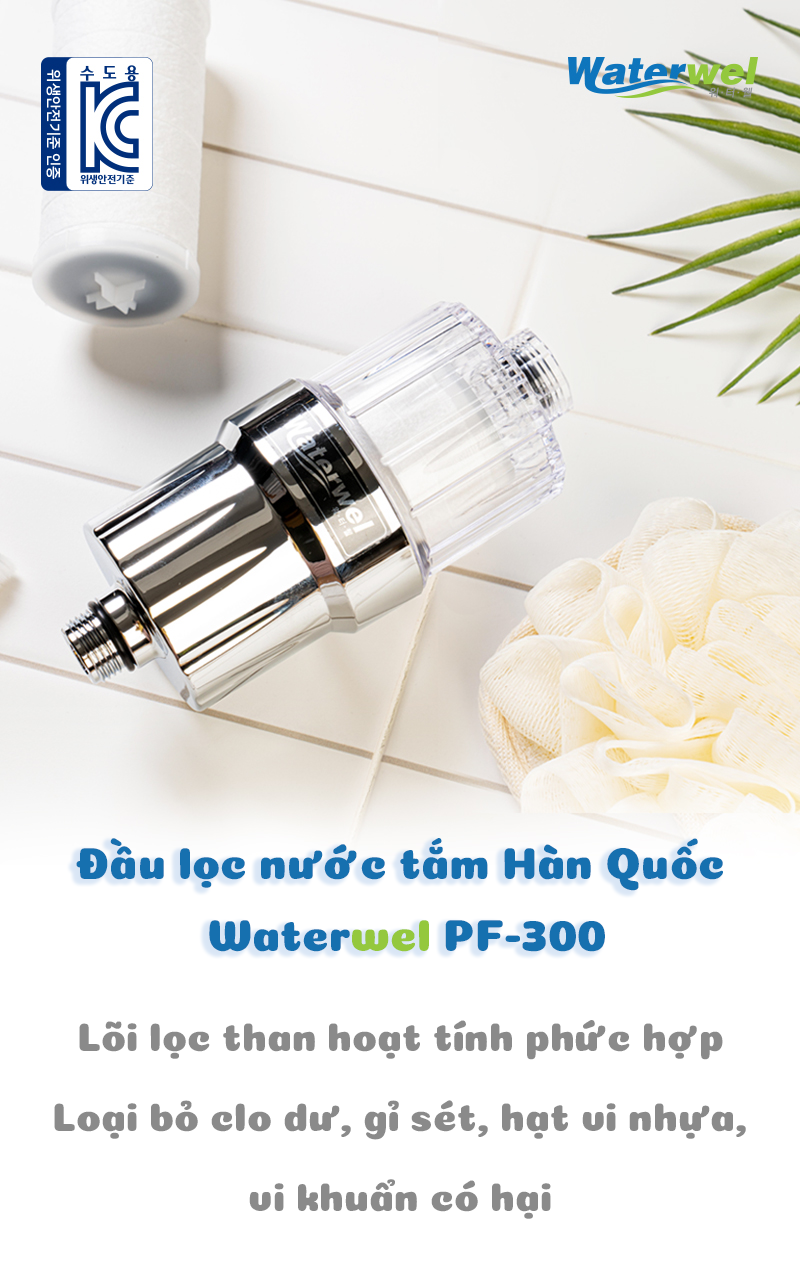 Đầu lọc nước đa năng Waterwel PF-300 Hàn Quốc dùng cho lọc nước tắm, nước giặt, vòi nước với lõi lọc than hoạt tính loại bỏ tối đa rỉ sét, tạp chất, kim loại nặng - Hàng nhập khẩu