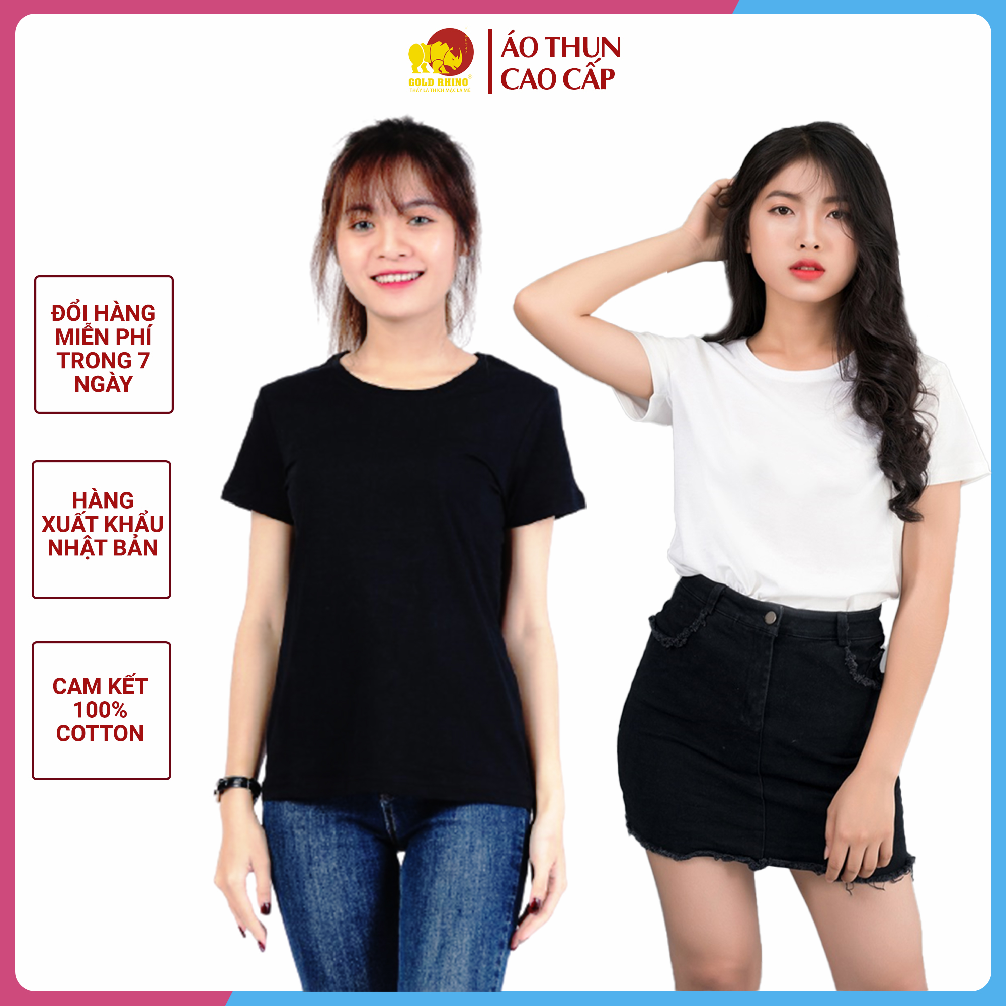 Áo thun nữ trơn Gold Rhino cao cấp, 2 màu Trắng  Đen, hàng xuất khẩu Nhật Bản, 100 cotton chất xịn, áo phông nữ trơn mềm mịn, thấm hút mồ hôi, kháng khuẩn, khử mùi hôi triệt để – Hàng chính hãng – M từ 45kg – 52kg, cao 1m55 – 1m65 – size M – Trắng