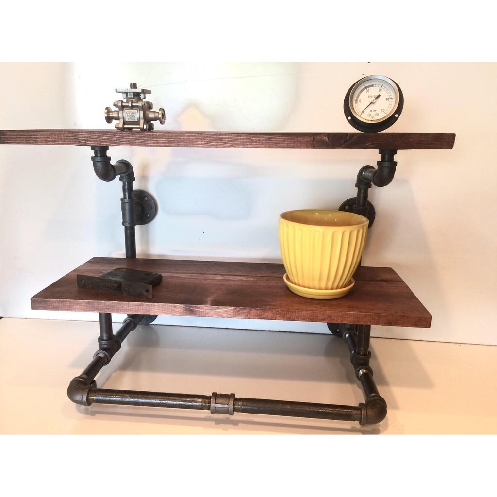 Kệ treo tường ống nước 2 tầng vintage, kệ ống nước cao cấp kiêm giá treo quần áo decor trang trí đẹp