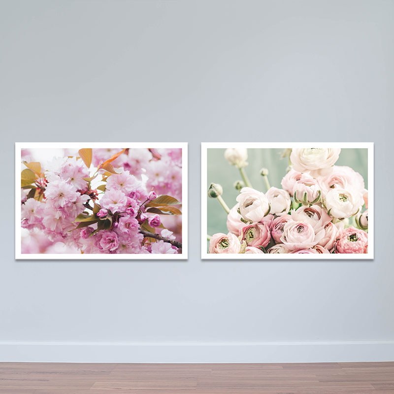 Bộ 2 tranh treo tường "Sắc hồng" | Tranh trang trí hoa lá W3428 Canvas Có Viền