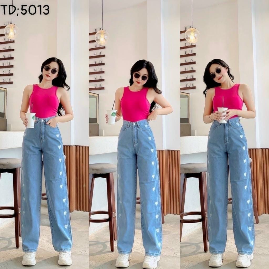 Quần Jeans Nữ, Quần Bò Nữ  Ống Rộng Cạp Cao Họa Tiết Trái Tim Phong Cách Thời Trang Hàn Quốc
