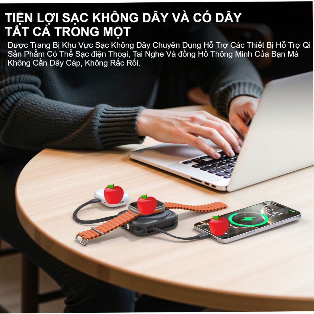 Pin dự phòng đa năng 2 in 1 Choetech B697 công suất 22.5W tích hợp cáp Type C và iP - Hàng chính hãng