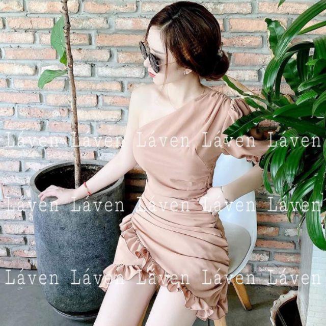 Đầm nữ dáng suông kiểu trễ vai 1 bên nhún