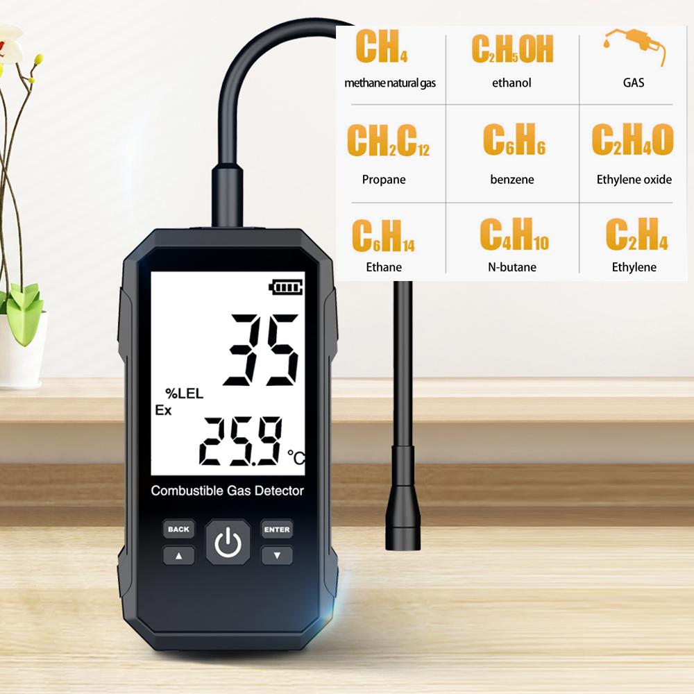 Handheld Combustible Gases Leak Detector Natural Gases Leakage Tester Portable Combustible Gases Concentration Analyzer Meter with Temperature Test and Sound Light Alarm Function