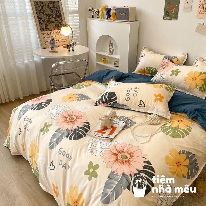 Bộ Chăn Ga Gối Cotton 80% m6/m8/2m - Full size Tiệm Nhà MêuSet 4 Món 2 Vỏ gối ,drap , vỏ chăn lá dứa vàng siêu bền