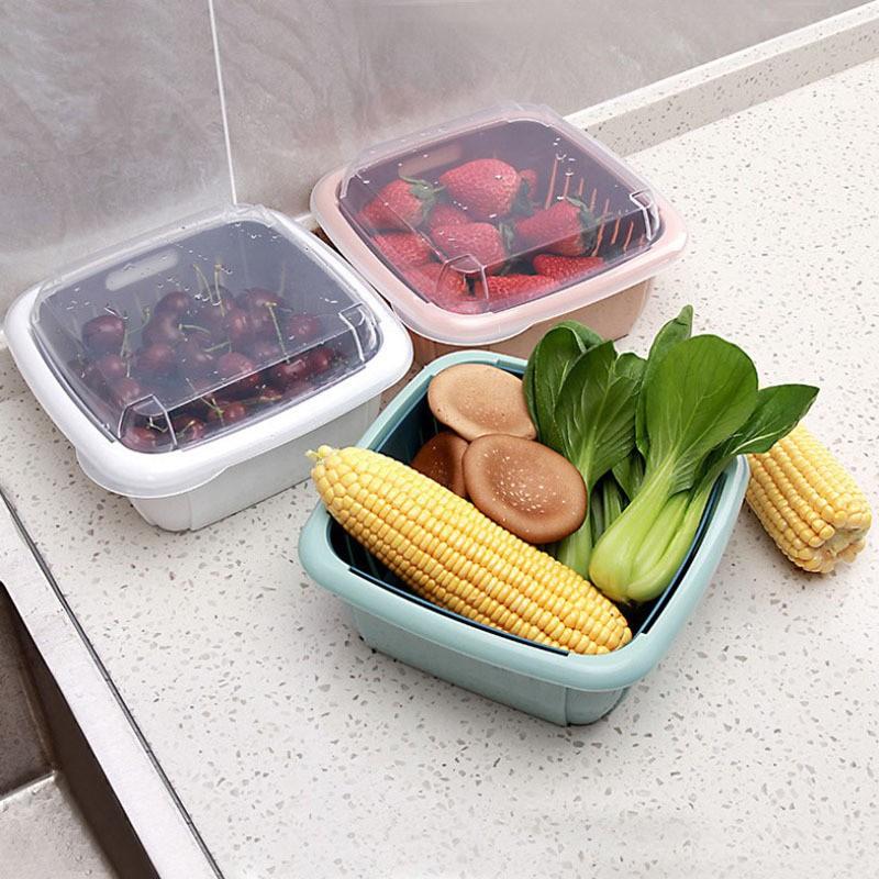 Hộp đựng thực phẩm có rổ nhựa và nắp đậy đa năng khay chậu vuông 2 lớp 3 trong 1 để đồ thức ăn rau củ