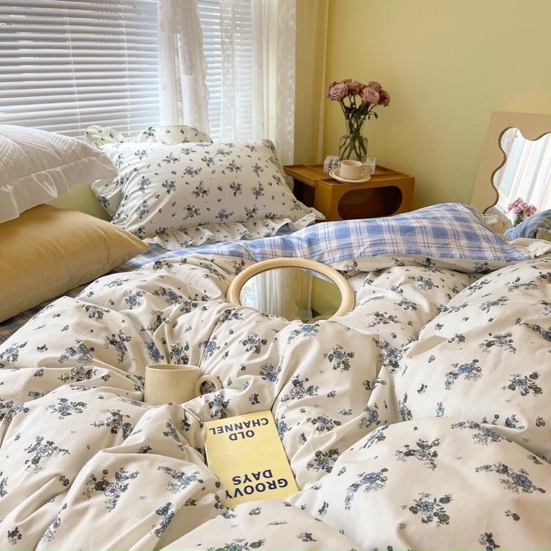 Set Cotton Hàn Quốc Bèo Ren 100%cotton Hàng Nhập Khẩu Cao Cấp 4 Món Hoa Nhí Xanh