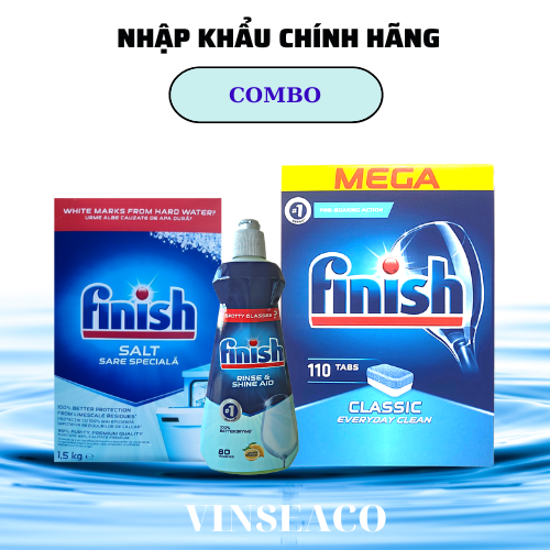 Combo 110 viên rửa bát finish + muối finish 1.5kg + Nước làm bóng finish 400ml dùng cho máy rửa bát