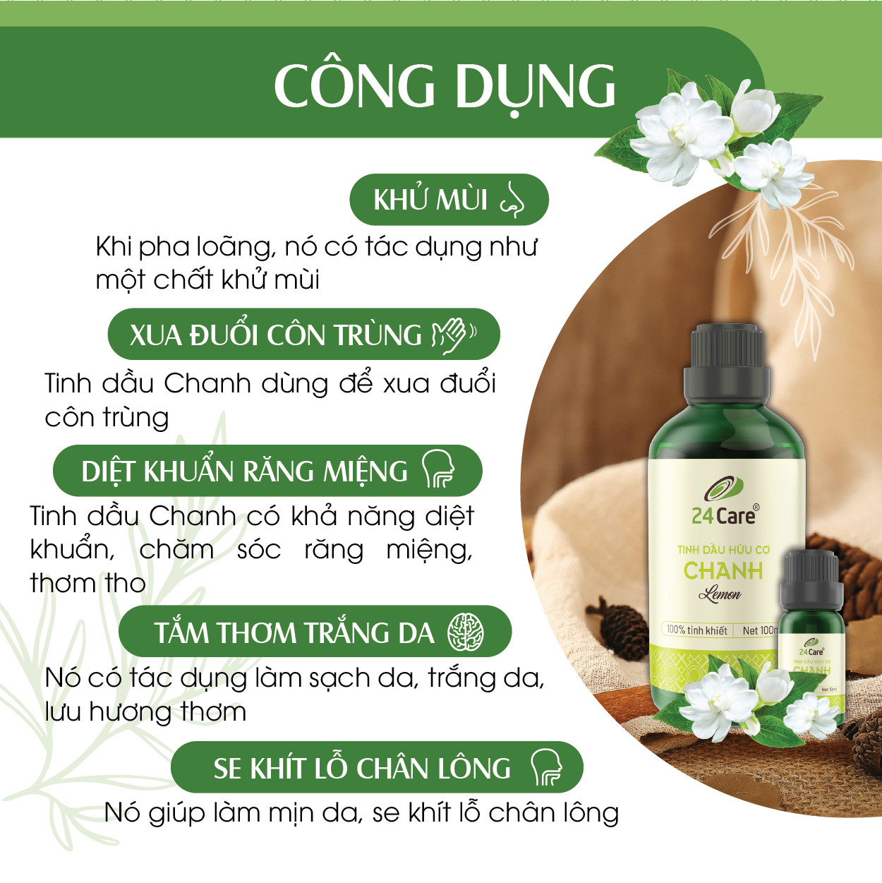 Tinh dầu Chanh nguyên chất 24Care 10ML - Chiết xuất thiên nhiên, kháng khuẩn, thơm mát, dễ chịu.