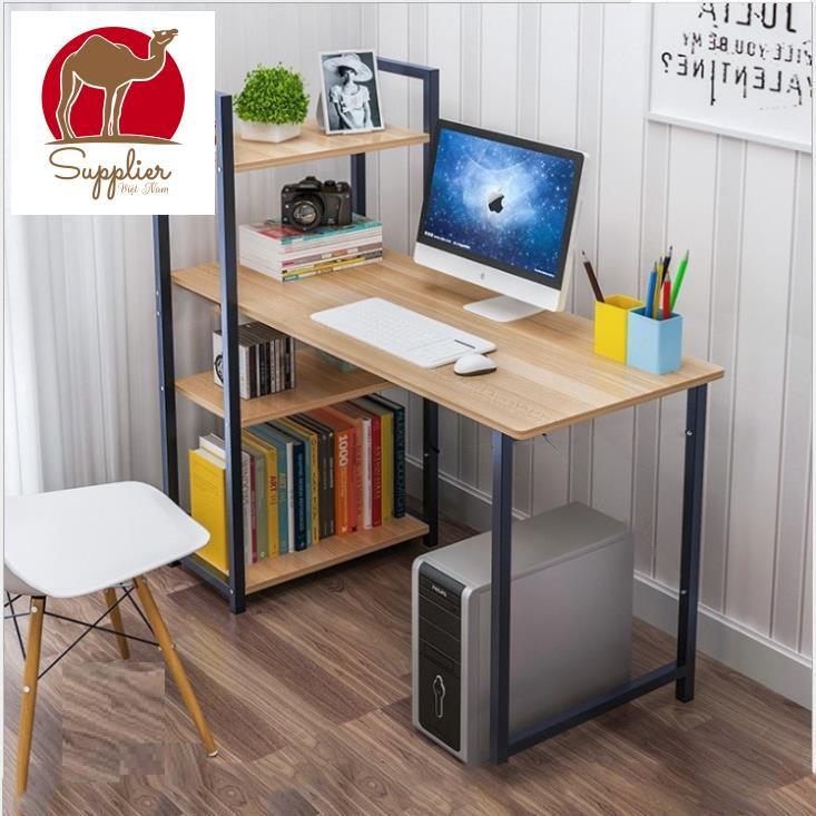 Bàn làm việc khung sắt liền kệ sách sơn tĩnh điện chịu lực cao, bàn làm việc lắp ghép thông minh mặt bàn rộng 120x55cm