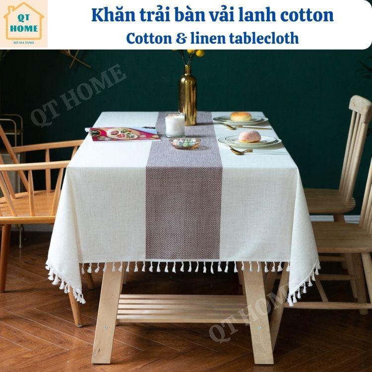 Khăn Trải Bàn Vải Lanh Cotton Sọc Giữa Bàn Thêu Nổi 3 Chiều