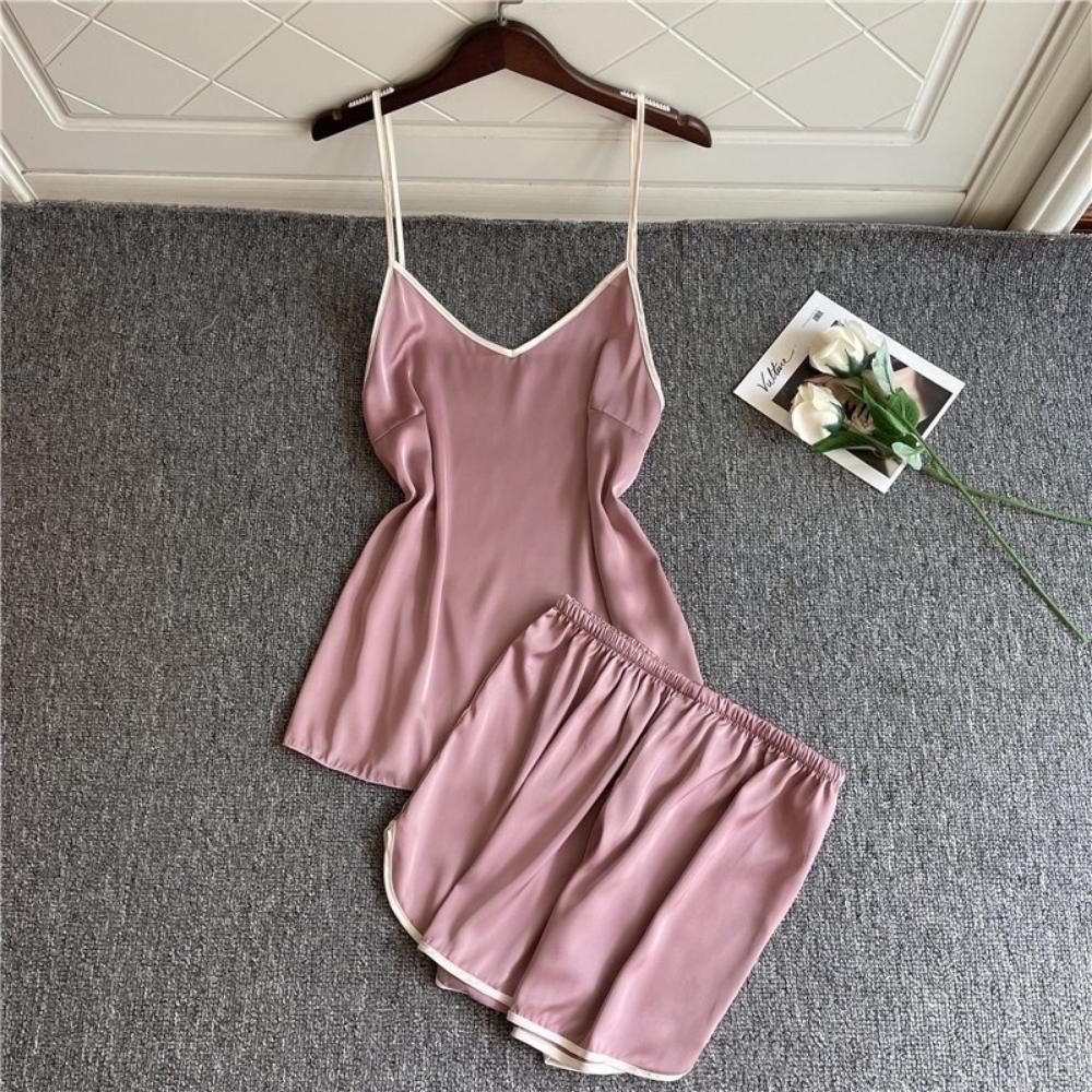 Đồ ngủ nữ 2 dây mặc nhà dễ thương VILADY - B122 kiểu áo hai dây quần cộc màu hồng ruốc, chất liệu Lụa Pháp (lụa latin) mềm mát