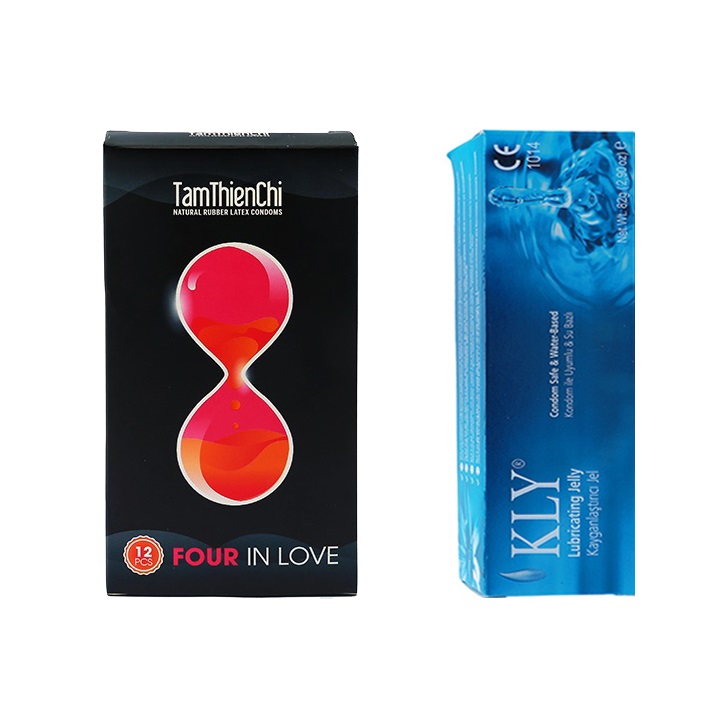 Bao cao su Tâm Thiện Chí Four In Love (hộp 12 chiếc) và 1 tuýp gel KLY 42gr