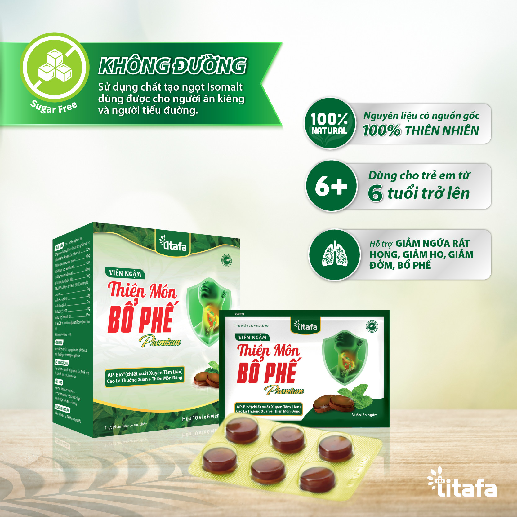 Viên ngậm Thiên Môn Bổ Phế Premium – Giúp giảm nhanh ngứa rát họng, đau họng, khản tiếng, giảm ho, bổ phế do viêm họng, viêm phế quản