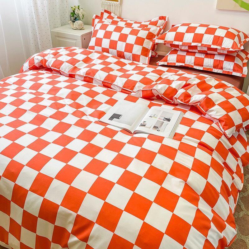 Bộ chăn ga gối Cotton Poly M2T Bedding, vỏ chăn mền, drap ga giường và 2 vỏ gối nằm - PL Bàn cờ vua đỏ