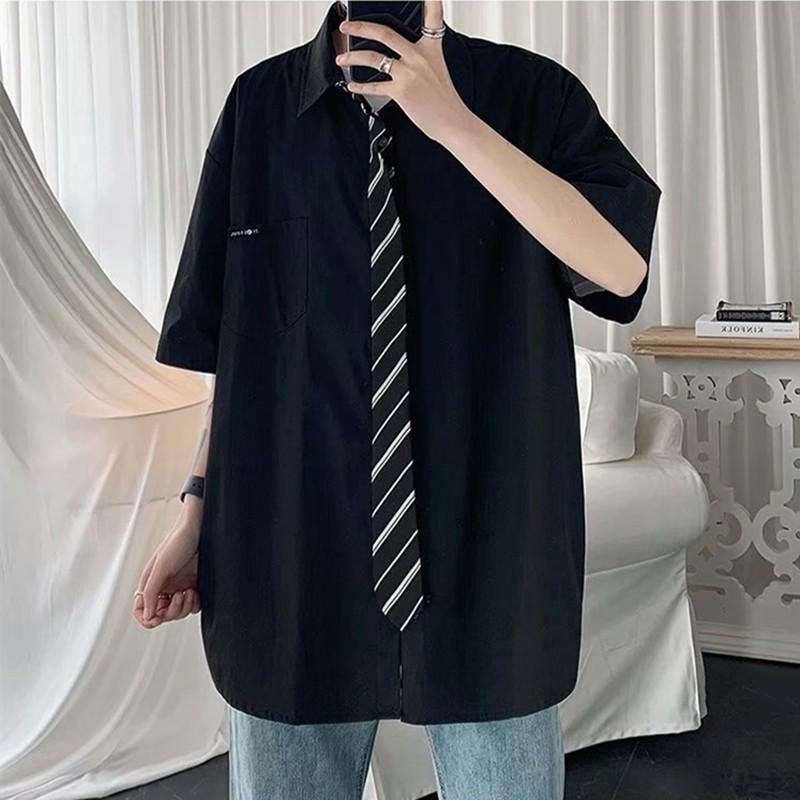 Áo Sơ Mi Tay Ngắn Dáng Rộng + Cà Vạt Có Thể Tháo Rời Cá Tính Thời Trang Dành Cho Nam