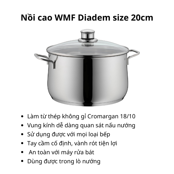 Bộ nồi chảo WMF Diadem Plus 2 món đáy từ 3 lớp cao cấp (nồi cao size 20cm + chảo thép size 24cm) - 0730426040